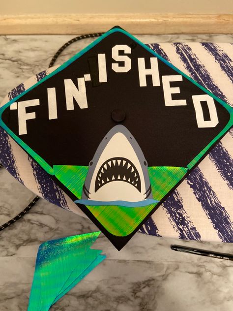 #sharks #gradcap #finished Shark Graduation Cap, Biology Graduation Cap, Senior Stuff, Grad Caps, Cap Decoration, Graduation Caps, Graduation Cap Decoration, Cap Decorations, Graduation Photoshoot