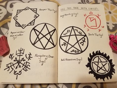 Wreck this Journal - Fill Page with Circles - Supernatural by Nimbusdust Supernatural Notebook Pages, Supernatural Symbols And Sigils, Supernatural Johns Journal Pages, Supernatural John Winchester Journal, Supernatural Journal Pages, John Winchester Journal Pages, Supernatural Journal, Supernatural Crafts, Winchester Journal