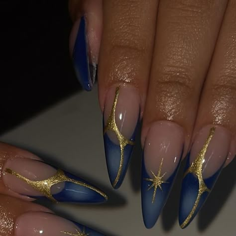 Nail Inspired Acrylic, Stellato Nails, Throne Of Glass Inspired Nails, Nails Acrylic Gemstone, Simple But Unique Nails, Aphrodite Inspired Nails, Sagittarius Inspired Nails, Royal Blue Nail Inspo Acrylic, Angelic Nails Aesthetic