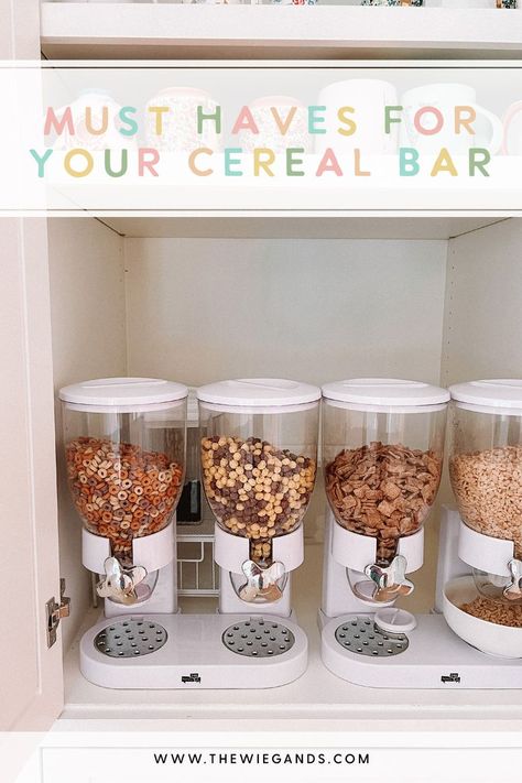 Our cereal bar was such a fun additon to our kitchen and was a game changer when it came morning guests helping themselves! Here is a list of my top cereal bar decor items. Click the link for more! Wedding Cereal Bar, Cereal Bar Kitchen, Cereal Station At Home, Cereal Buffet Bar, Cereal Bar Ideas, Cereal Bar Party, Cereal Bars Party, Cereal Station, Cereal Buffet