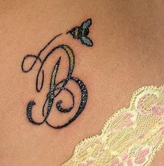 Tattoo ink with sparkles in it...  I think yes! Bee Tattoo With Letter B, Letter B Tattoo Ideas, Bumblebee Tattoos, Bumblebee Tattoo, Letter B Tattoo, Tattoo Bee, Ampersand Decor, Initial Tattoos, Bee Tattoos