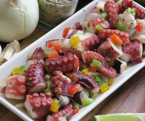 OCTOPUS SALAD Octopus Salad, Seafood Salad, Puerto Rican Recipes, Minced Onion, Ripe Avocado, Portuguese Recipes, Green Salad, Fresh Cilantro, Fish And Seafood