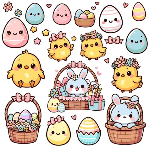 Kawaii Easter Drawing, Easter Cute Drawings, Easter Kawaii, Easter Doodles, Clip Art Animals, Sticker Doodles, Easter Drawing, Easter Chickens, Kawaii Easter