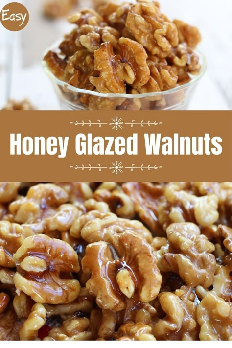 This very easy Honey Glazed Walnuts recipe is ready in less than 10 minutes. Irresistibly good and heart healthy, too. Perfect in salads, baked goods, popcorn, cheese plates, trail mix, on top of ice cream, and more! They make special gifts, too. #Candied Walnuts #HoneyWalnuts #Candied WalnutsRecipe #HoneyWalnuts #GlazedWalnuts #HoneyCandiedWalnuts #CandiedWalnutsforSalads #OldFashionedCandiedWalnuts #CandiedWalnutsEasyHoney #CandiedWalnutsSnacks Walnut Soup Recipes, Honey Walnuts Recipe, Honey Roasted Walnuts Oven, Caramel Walnuts Recipes, English Walnuts Recipes, Honey Nuts Recipe, Honey Glazed Pecans, Shelled Walnuts Recipes, Honey Roasted Walnuts Recipes