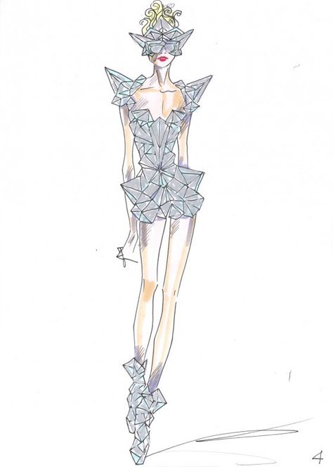 fashion sketches | Fashion Sketches For Gaga - Fan Art - Gaga Daily Lady Gaga Costume, Lady Gaga Fashion, Origami Fashion, Geometric Fashion, Paper Fashion, Fashion Illustration Sketches Dresses, Fashion Sketchbook, Fashion Sketch, Fashion Illustration Sketches