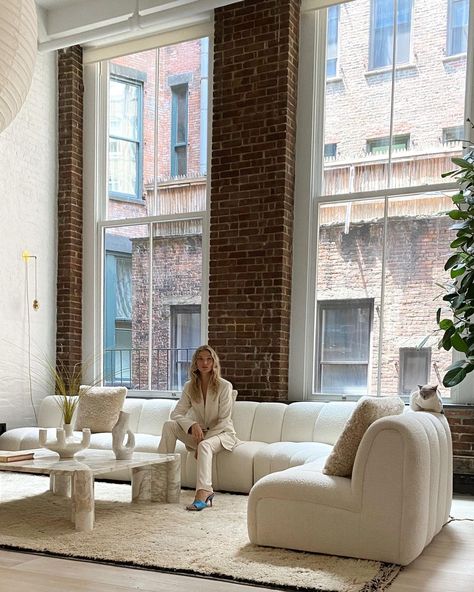 At Home With: Elsa Hosk, SoHo, New York :: This Is Glamorous White Couch, Interior Boho, Brick Walls, Elsa Hosk, Dream Apartment, Apartment Inspiration, Living Room Inspo, A Living Room, Modern Apartment