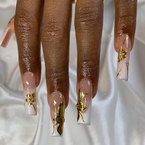 Book your next nail appt today! @bratcrylix - Not able to book? Order your next custom made press on set @bratcrylix with the order form in my bio! Check "press ons" highlight for more info🤗 - French tip , gel-x nails , gold chrome , flower nail art , nail design #atlnails #atlnailtech #atlnailsalon #atlantanails #atlantanailsalon #atlantanailtech #cummingganails #cummingganailsalon #cummingnails #cummingnailtech #alpharettanails #alpharettanailtech French Nails With Chrome Design, Chrome Nails Designs Gold, With And Gold Nails, Birthday Nails With Gold, French With Gold Nails, Nail Designs With Gold, Bling Nail Ideas, French With Gold, Coffin Gold Nails