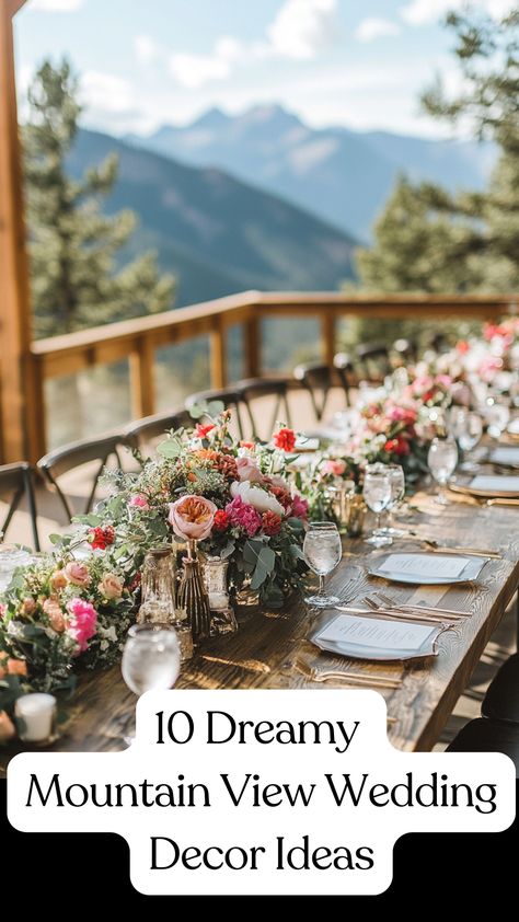 Beautiful mountain view wedding decor with rustic accents and elegant floral arrangements, perfect for an outdoor celebration. Wedding Ceremony Mountain Backdrop, Bohemian Mountain Wedding, Chic Mountain Wedding, Mountain Outdoor Wedding, Outdoor Wedding Mountains, Summer Mountain Wedding Decor, June Mountain Wedding, August Mountain Wedding, Fall Mountain Wedding Decor