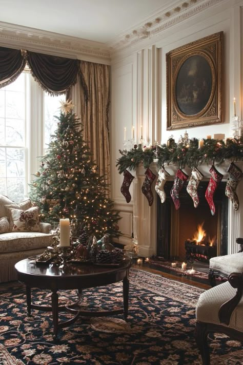 Old Money Christmas Decor, Cozy Victorian Home, Vintage Christmas Aesthetic Cozy, 60s Christmas Aesthetic, Christmas Decor Ideas For Living Room, Vintage Christmas Fireplace, Old Vintage House, Old Christmas Aesthetic, Classic Christmas Aesthetic