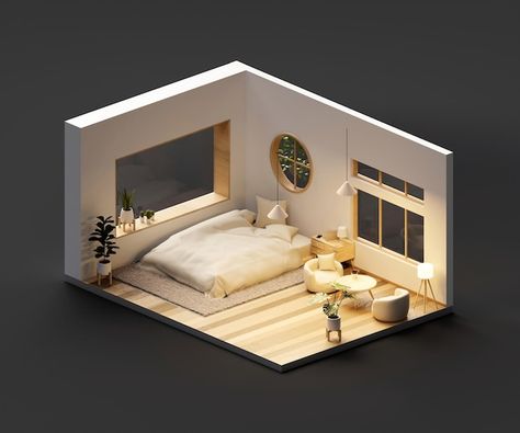 Isometric 3d Room, Isometric Room 3d, Rendering Digital Art, Bedroom The Sims 4, Bedroom Render, Bedroom Diorama, 3d Interior Design Rendering, Minimal Cafe, Isometric Rooms