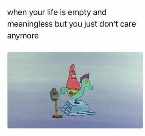 When your life is empty and meaningless but you just don't care anymore Funny Spongebob Memes, A Cartoon Character, Spongebob Funny, Spongebob Memes, E Card, What’s Going On, Really Funny Memes, A Cartoon, Funny Laugh