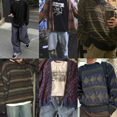 Outfit Inspo Band Tee, White Band Tee Outfit, Grunge Cardigan Outfit Men, Grunge Cardigan Outfit, Dark Blue Sweater Outfit, Dark Blue Cardigan Outfit, Distressed Sweater Outfit, Blue Baggy Pants, Blue Cardigan Outfit