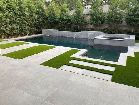 Landmark Ceramics on Instagram: "Landmark Ceramics Pool Project: Geometric custom pool with raised spa wall in Houston, TX. This backyard was transformed to an updated and modern outdoor living area. The project features a custom pool tile & spa to provide a lush, private retreat for the owners. FLOOR & POOL DESIGN Frontier20 Simply Grey 24”x24” Frontier20 Simply Grey 18”x36” Pavers by @LandmarkCeramics Designed by @NicoleBaileyInteriors #outdoordesign #pavers #outdoorpavers #landscaping #po 10 X 20 Pool, Modern Pool Pavers, Pool With Raised Spa, Modern Outdoor Living Area, Backyard Living Spaces, Spa Wall, Backyard Entertainment, Square Pool, Vegas House