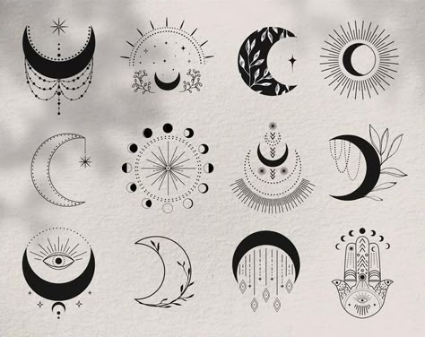 Clip Art Tattoo, Moon Phases Tattoo, Celestial Tattoo, Stars Tattoo, Hamsa Tattoo, Circle Tattoos, Witch Tattoo, Moon Tattoo Designs, Cute Tattoos For Women