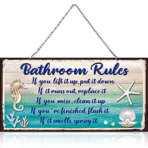 Seashell Bathroom Decor, Seashell Bathroom, Bathroom Rules Sign, Bathroom Wall Decor Art, Decor For Bathroom, Starfish Decor, Bathroom Rules, Beach Bathroom Decor, Bathroom Themes