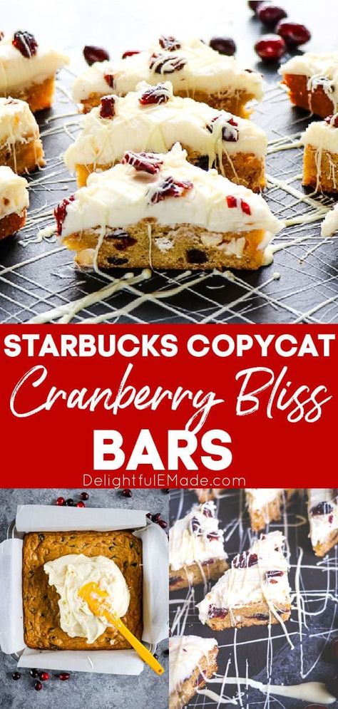 If you love Starbucks Cranberry Bliss Bars, I can do you one better! This Copycat Cranberry Bliss Bars recipe is just like the one Starbucks serves during the holidays. It’s loaded with cranberries, white chocolate, orange zest and topped with a thick, delicious layer of cream cheese frosting. Perfect for your holiday parties and cookie exchanges! || Delightful E Made Christmas Bars Recipes Holidays, Copycat Cranberry Bliss Bars, Bliss Bars Recipe, Bliss Bars Starbucks, Starbucks Cranberry Bliss Bars, Starbucks Cranberry Bliss, Cranberry Bliss Bars Recipe, Cranberry Treats, Cranberry Bliss Bars Starbucks