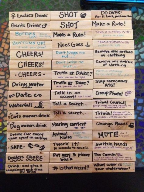 Diy Jenga, Drunk Jenga, Drunk Games, Adult Game Night, Pool Party Games, Outdoor Party Games, Drinking Games For Parties, Fun Drinking Games, Lingerie Shower