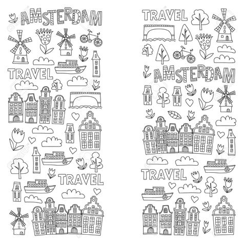 Travel Journal Amsterdam, Small Amsterdam Tattoo, Amsterdam Scrapbook Ideas, Netherlands Tattoo Ideas, Amsterdam Doodle, Amsterdam Scrapbook, Amsterdam Tattoo Ideas, Netherlands Drawing, Netherlands Tattoo