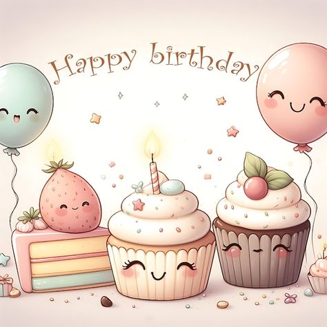 Photo birthday card with balloons and cu... | Premium Photo #Freepik #photo Cute Happy Birthday Drawings, Birthday Illustrations, Birthday Gift Picture, Cupcakes Cute, Happy Birthday Cute, Birthday Wishes Gif, Happy Birthday Drawings, Cute Birthday Wishes, Bday Pics