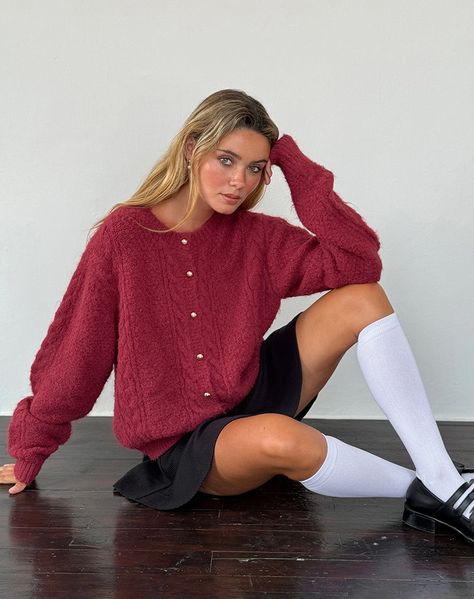 Aceso Cardigan in Brush Knit Burgundy 6form Outfits, Form Outfits, Sixth Form, Burgundy Skirt, Disney Sea, Skirt Model, Uni Outfits, Motel Rocks, Red Cardigan