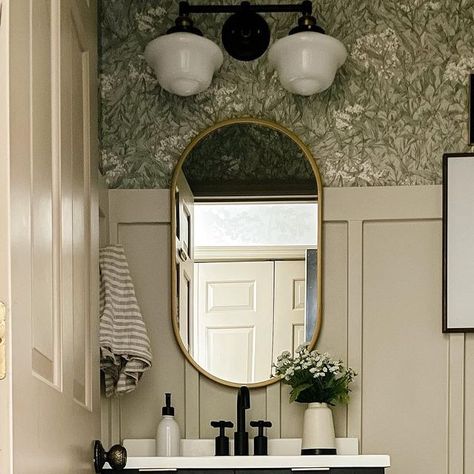 Erin DIY + interiors on Instagram: "My favorite little powder room 🤍 Board + batten color: revere pewter at 60% tint Wallpaper: Malin sage green by @sandbergwallpaper Vanity: DIY 🔨 Follow me in @shop.ltk for more details and links! #powderroom #powderroomdesign #vintagemodern #howihome #mysmphome #hometakestime #cljsquad #hunkerhome #betterhomesandgardens #hgtvmagazine #sodomino #inmydomaine #interiordesign #apartmenttherapy #cornersofmyhome #showemyourstyled #showemyourdiy #idcoathome #ho Dark Green Bathroom Vanity With Wallpaper, Powder Room With Green Vanity, Revere Pewter Board And Batten Bathroom, Powder Room Color Schemes, Powder Room Green Vanity, Green Powder Room Wallpaper, Bead Board And Wallpaper Bathroom, Board And Batten Bathroom Green, Light Green Powder Room