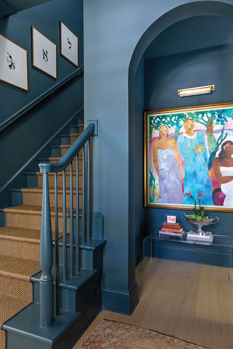 Bright art pops on walls painted Benjamin Moore Narragansett Green Narragansett Green Benjamin Moore, Benjamin Moore Narragansett Green, Narragansett Green, Colorful Entryway, Green Living Rooms, Hallway Paint Colors, Bungalow Ideas, Hallway Paint, Warm Minimalism