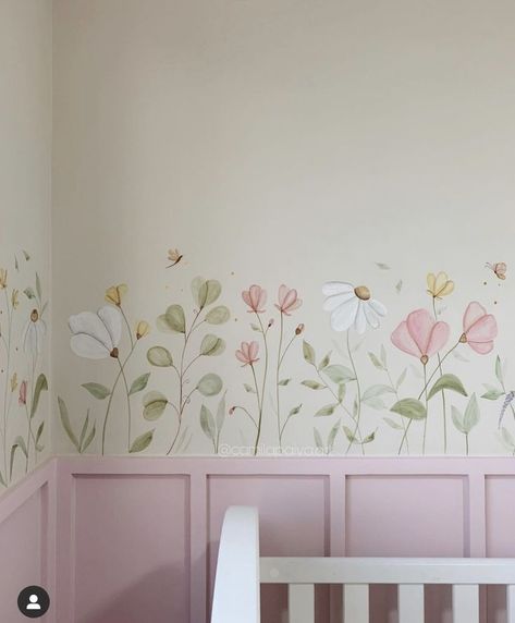 #bedroomdesign #bedroomideas Simple Hand Painted Wall Mural, Decal Nursery Wall, Wildflower Accent Wall, Love Shack Fancy Inspired Nursery, Nursery Wall Painting Ideas, Simple Baby Girl Nursery, Different Colored Walls, Princess Wall Mural, Flower Nursery Theme