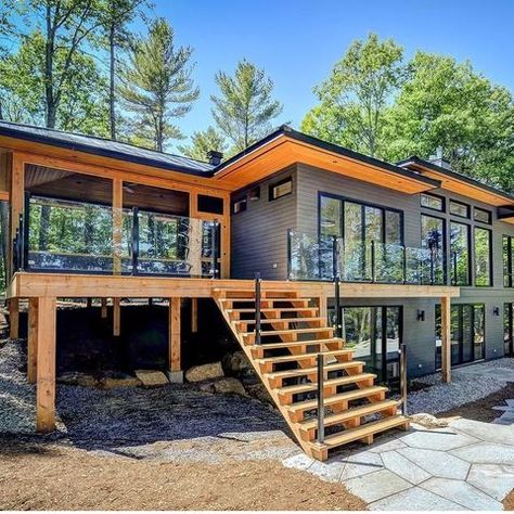 InvisiRail (@invisirail) • Instagram photos and videos Uphill House Design, Walk Out Basements, House On A Slope, Jesse Brown, Garage Suite, Slope House Design, House On Stilt, Cabin Style Homes, Double Story House