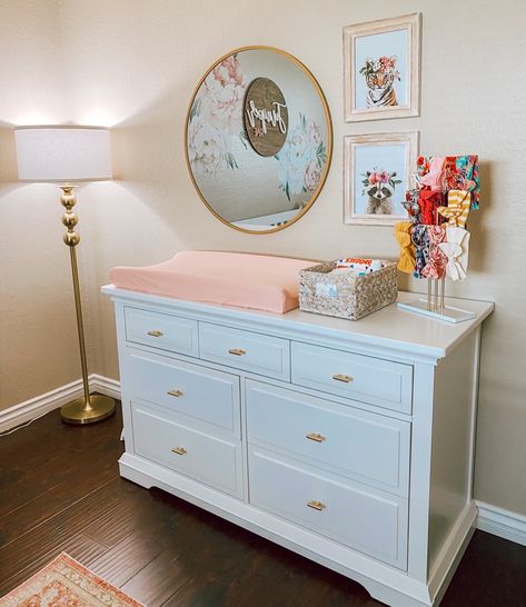 Baby Nursery Dresser Changing Table, Dresser For Baby, Dressers In Nursery, Changing Dresser Decor, Over Dresser Nursery Decor, Changing Table Ideas Dressers, Dresser Changing Table Decor, Baby Girl Nursery Dresser, Small Nursery Ideas Girl