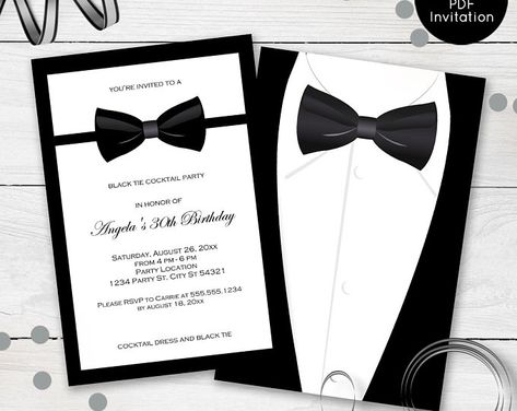 Black Tie Cocktail Party, Black Tie Birthday Invitations, 60 Birthday Invitation Ideas For Men, Black Tie Affair Invitation, Elegant White Bow Tie For Black-tie Events, Birthday Invitations Black And White, Tie Printable, Prom Invitations, Black Tie Birthday Party