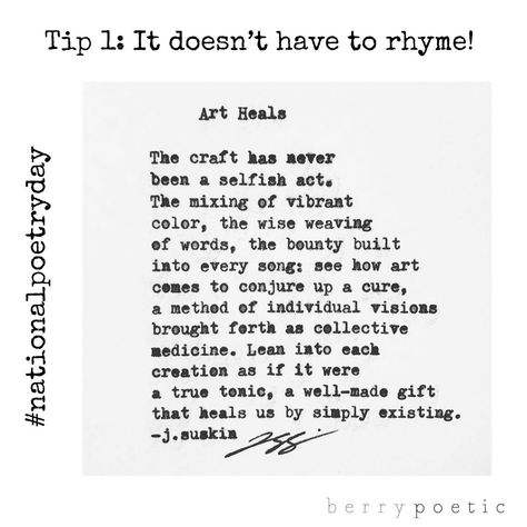 Tip 1: It doesnt have to rhyme! Today is #NationalPoetryDay and throughout the day Im sharing some tips on writing poems! The first is that a #poem doesnt have to rhyme!!! Now I am sooo guilty of this one - Im obsessed with #Rhyming but thats what Im building my brand on and I find it easier to make poems flow and have rhythm when they #rhyme! However I love poems like this one from @jsuskin -she just has such a way with words that are so powerful and create such imagery. This poem is very much I Love Poems, National Poetry Day, Inspirational Poems, On Writing, Writing Poems, A Poem, Find Your Style, Love Poems, The Conjuring