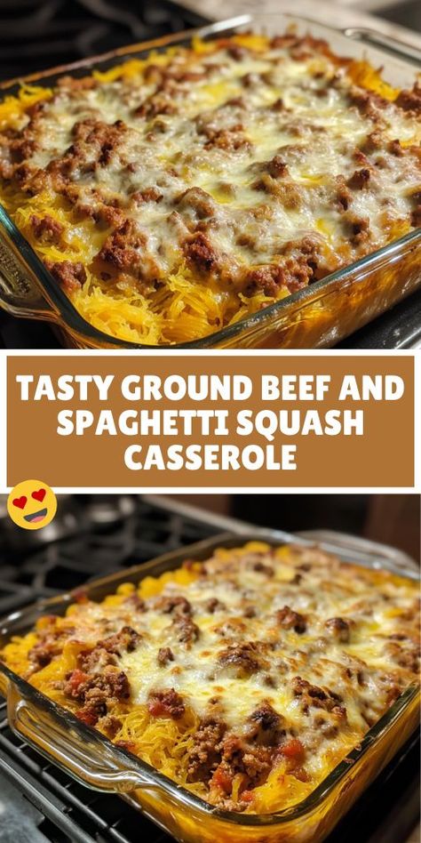 A baked Ground Beef And Spaghetti Squash Casserole in a glass dish, topped with melted cheese and ground beef, highlighting a savory casserole recipe combining spaghetti squash and hearty ground beef. Beef And Spaghetti Squash, Beef Spaghetti Squash, Ground Beef Spaghetti, Spaghetti Squash Carbonara, Beef Spaghetti, Healthy Squash Recipes, Spaghetti Squash Recipes Easy, Spaghetti Squash Casserole, Squash Casserole Recipes