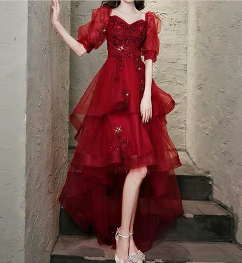 Red Fantasy Outfit, Velvet One Piece Dresses, Red Dress Cute, Ruby Red Dress, Symphony Dress, Embroidery Bow, Prom Dresses 2023, Red Princess, High Low Prom Dresses