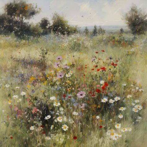 Meadow Oil Painting, Watercolor Meadow Flowers, Flower Field Oil Painting, Impressionistic Flowers, Wild Flower Painting, Meadow Background, Flower Field Painting, Minimal Tattoo Designs, Minimal Tattoo Ideas