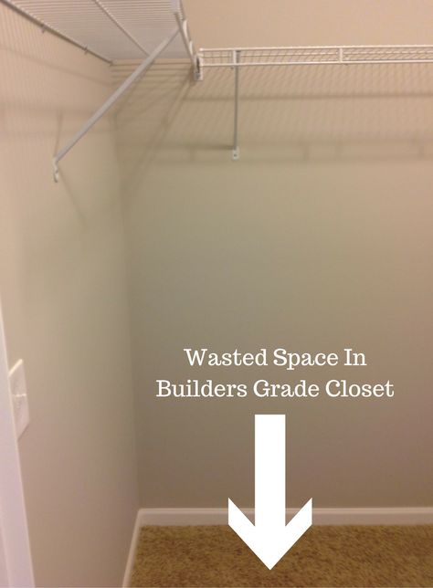 A builders grade closet with one rod and shelf at the top is a tremendous waste of space. Get 3 simple tips to design a better custom closet. Closet Shelf Spacing Guide, Adjustable Closet Rod, Shelf And Rod Closet, Double Wire Shelf Closet, Upgrading Builder Grade Closet, Diy Closet Shelf With Rod, Bottom Of Closet Storage, Upgrade Wire Closet Shelving, Accent Wall In Closet