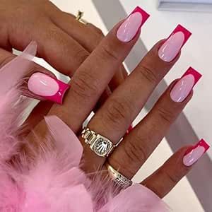 French Tip Nails Manicure, Pink And Red Nail Designs, Nail Art French Tip, Pink And Red Nails, Nails Medium Square, Nail Art French, Pink Press On Nails, Nails Press Ons, Press On Nails Medium