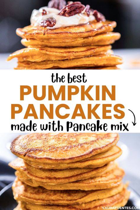 Use this recipe to make pumpkin pancakes with your favorite pancake mix. Homemade Pumpkin Pancakes, Fluffy Pumpkin Pancakes, Pumpkin Pancakes Easy, Pureed Pumpkin, Spice Pancakes, Christmas Brunch Recipes, Meals Kids Love, Pumpkin Spice Pancakes, Pumpkin Pancake Recipe