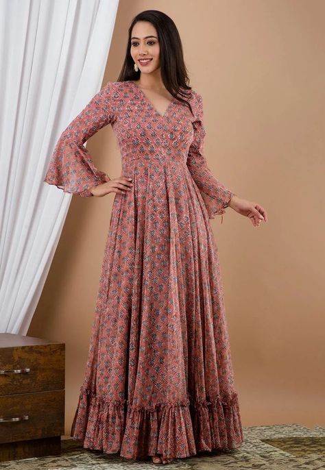 Western Maxi Dress, Floral Print Chiffon Maxi Dress, Maxi Dress Indian, Frock Designs For Girl, Beautiful Frocks, Vs Image, Print Chiffon Maxi Dress, Long Gown Design, Simple Frocks