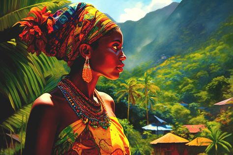 Caribbean Wall Art of Lady Wearing Headscarf in Dominica Black Woman Art Afro Caribbean Mountains Rasta Woman Art Grenada Art Jamaica Print by WestIndiesArtCo on Etsy Caribbean Art West Indies, Rasta Woman, West Indies Art, Jamaica Art, Rasta Art, Caribbean Fashion, Afro Caribbean, Black Woman Art, Caribbean Culture