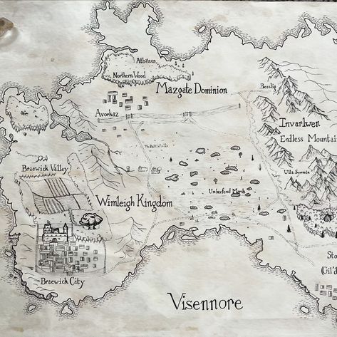 I am abundantly thrilled to reveal the map of Visennore. A small, island-like continent that houses three kingdoms (but once, so many more). It has a range of environments from lush forests, mountain peaks, beachy cities, and chilly northern cities. This beautiful map was made by @dewiwrites who took my own sketch (the hand drawn map in this carousel) and made it so much more clean and workable for print. This is PROFESSIONAL, folks. Dewi was wonderful to work with and I adore this map. I hop... I Hop, Hand Drawn Map, Drawn Map, Three Kingdoms, Mountain Peak, Small Island, The Map, Carousel, The Hand