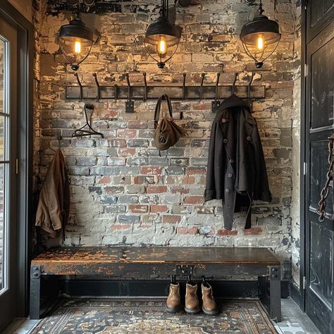 12+ Industrial Steel Entrance Furniture Ideas for a Bold Statement • 333+ Inspiring Lifestyle Ideas Industrial Entrance Hall, Industrial Foyer Design, Country Hallway Ideas, Industrial Entryway Ideas, Entrance Furniture Ideas, Industrial Entrance, Eclectic Industrial Decor, Industrial Lighting Ideas, Ranch Entrance Ideas