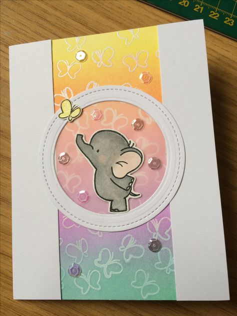 Ink blended panel with Mft adorable elephants stamped images Mft Adorable Elephants, Elephant Cards Handmade, Adorable Elephants, Valentine Card Crafts, Elephant Cards, Baby Cards Handmade, Mft Cards, Mft Stamps, Kids Birthday Cards