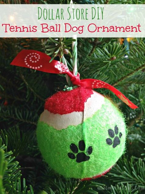 This tennis ball dog ornament would also make a great gift for all your pet friends, or to just let your guests know a precious pooch lives in your home. Ideas Decoracion Navidad, Christmas Tree Dog, Dog Tree, Dog Xmas, Dollar Store Christmas, Dog Christmas Ornaments, Dog Christmas Gifts, Christmas Puppy, Primitive Decorating Country