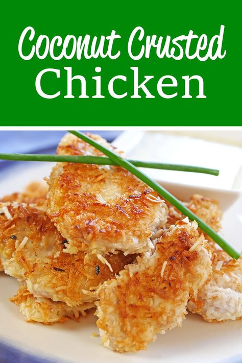 Dive into the tropical flavors with this Paleo-friendly coconut crusted chicken recipe! Perfectly golden brown and deliciously crunchy, these strips of chicken boast a coconut crust and a succulent interior. Coconut Breaded Chicken, Coconut Fried Chicken, Coconut Aminos Recipes, Coconut Chicken Recipe, Coconut Crusted Chicken, Coca Cola Chicken, Coconut Crust, Panko Crusted Chicken, Cola Chicken