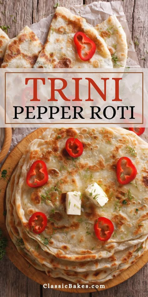 Trini Lunch Ideas, Trini Breakfast Ideas, Pepper Roti, Banana Roti, Trinidad Roti, Trini Recipes, Aloo Pie, Trinidadian Food, Pepper Rings