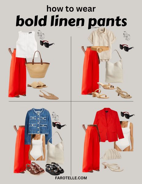 Summer outfit ideas with red wide-leg linen pants, how to style wide-leg linen pants, Summer elevated casual style, Summer style, classic style Red Wide Pants Outfit, Orange Wide Leg Pants Outfit, Red Linen Pants Outfit, Wide Leg Linen Pants Outfit Summer, Wide Leg Linen Pants Outfit, Orange Linen Pants, Linen Pants Outfit Summer, Red Linen Pants, Wide Pants Outfit