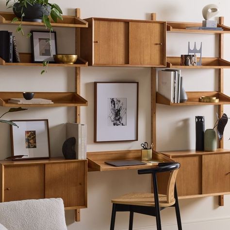 mid century desk wall unit - Google Search Bookcase Mid Century Modern, Mid Century Modular Shelving, Mid Century Modern Living Room Cabinet, Mid Century Modern Wall Unit, Wall Cabinets Living Room Storage, Mid Century Built Ins, Mid Century Wall Desk, Retro Shelving, Mid Century Modern Shelving