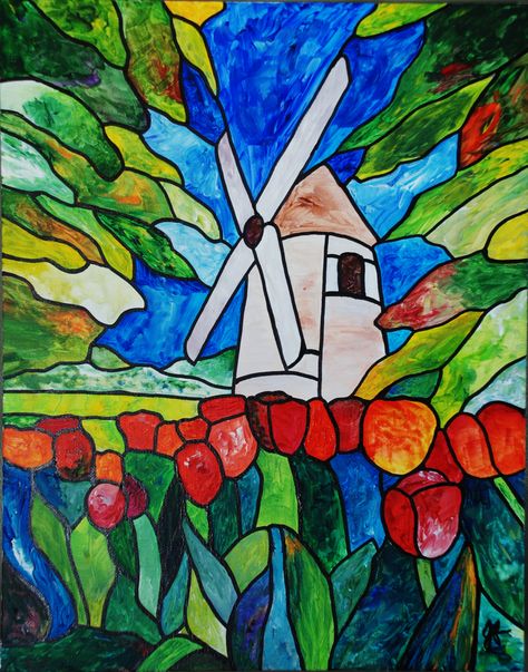 Tiffany Flowers, Windmill Painting, L'art Du Vitrail, Glass Painting Patterns, Stained Glass Quilt, Glass Painting Designs, Dutch Windmills, Stained Glass Paint, Stained Glass Flowers