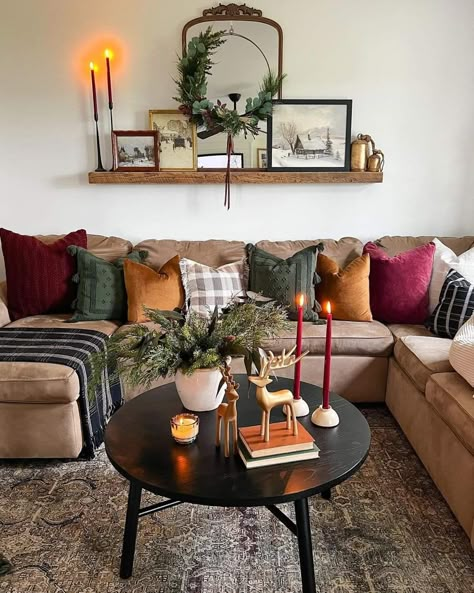 Christmas Transitional Decor, Cozy Xmas Aesthetic, Christmas Living Room Couch, Transitional Holiday Decor, Holiday Tv Stand Decor, Minimal Christmas Decor Small Apartment, Cozy Christmas Aesthetic Living Room, Adding Warmth To A Grey Room, Cozy Christmas Living Room Ideas