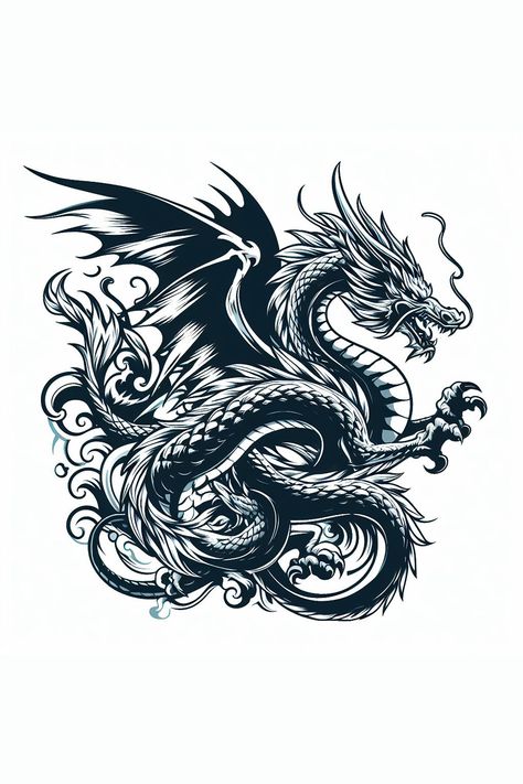 Monochrome dragon illustration - Detailed fantasy art featuring a mythical beast. Dragon Illustration Simple, Mythical Designs, Dragon Black And White, Dragon Tattoo Vector, Dragon Fantasy Art, Black And White Dragon, Dragon With Wings, Silkscreen Design, Dragon Black